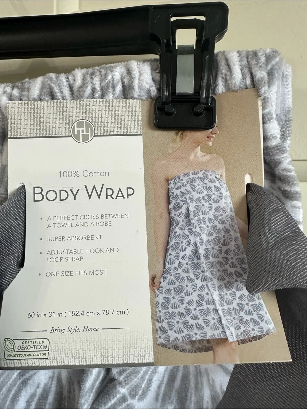 Huntington Home Cotton Spa Body Wrap Gray Floral Bath Towel NWT